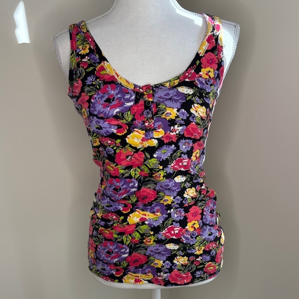OP Floral Tank Top - Black, Pink, Purple. Medium
